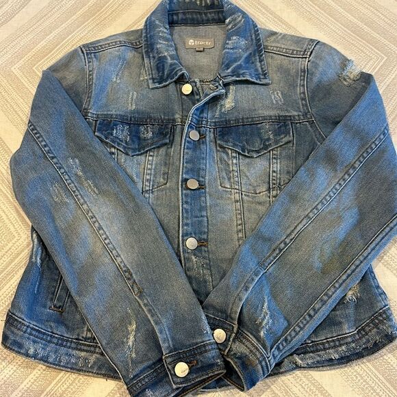 Tractr Girls Sequins Back Patch Denim Distressed Jacket - Size L - Picture 4 of 8